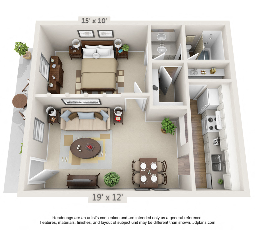 Floor plan for 1 bed, 1 bath, 520 sqft